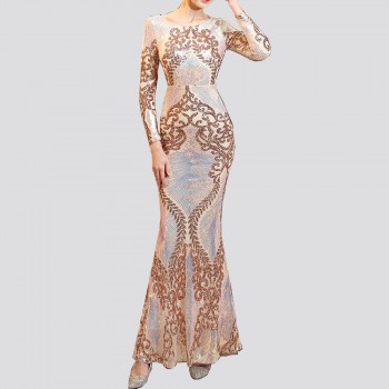 O-neck Long-Sleeve Shinning Sequins Evening Dresses Sexy Backless Mermaid Party Gowns Maxi 